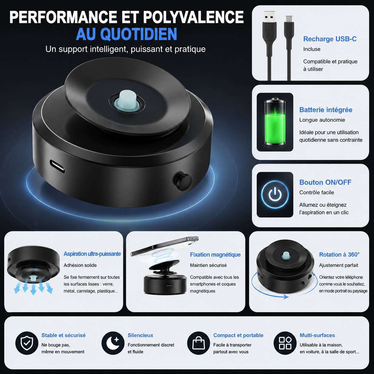 Support magnétique intelligent pour smartphone – Fixation à aspiration