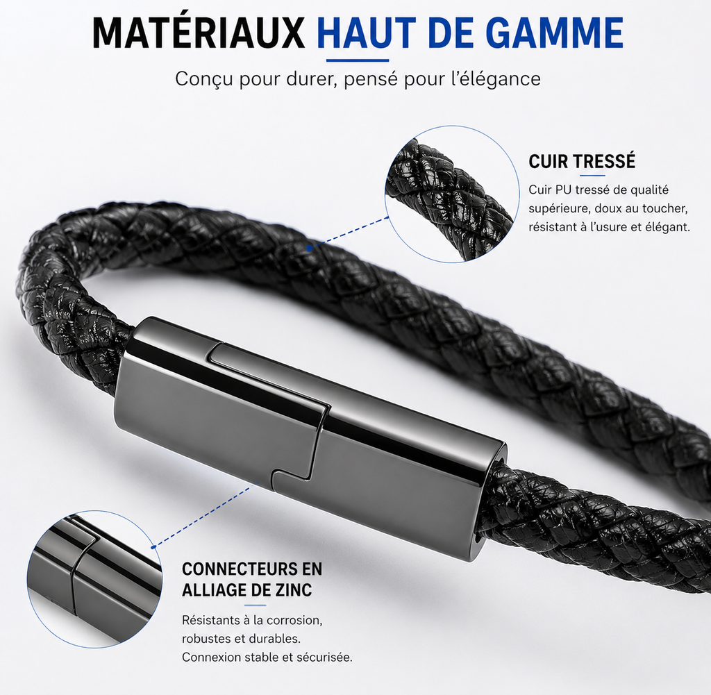 Bracelet Chargeur 3-en-1 – Compatible iPhone, USB-C et Micro-USB