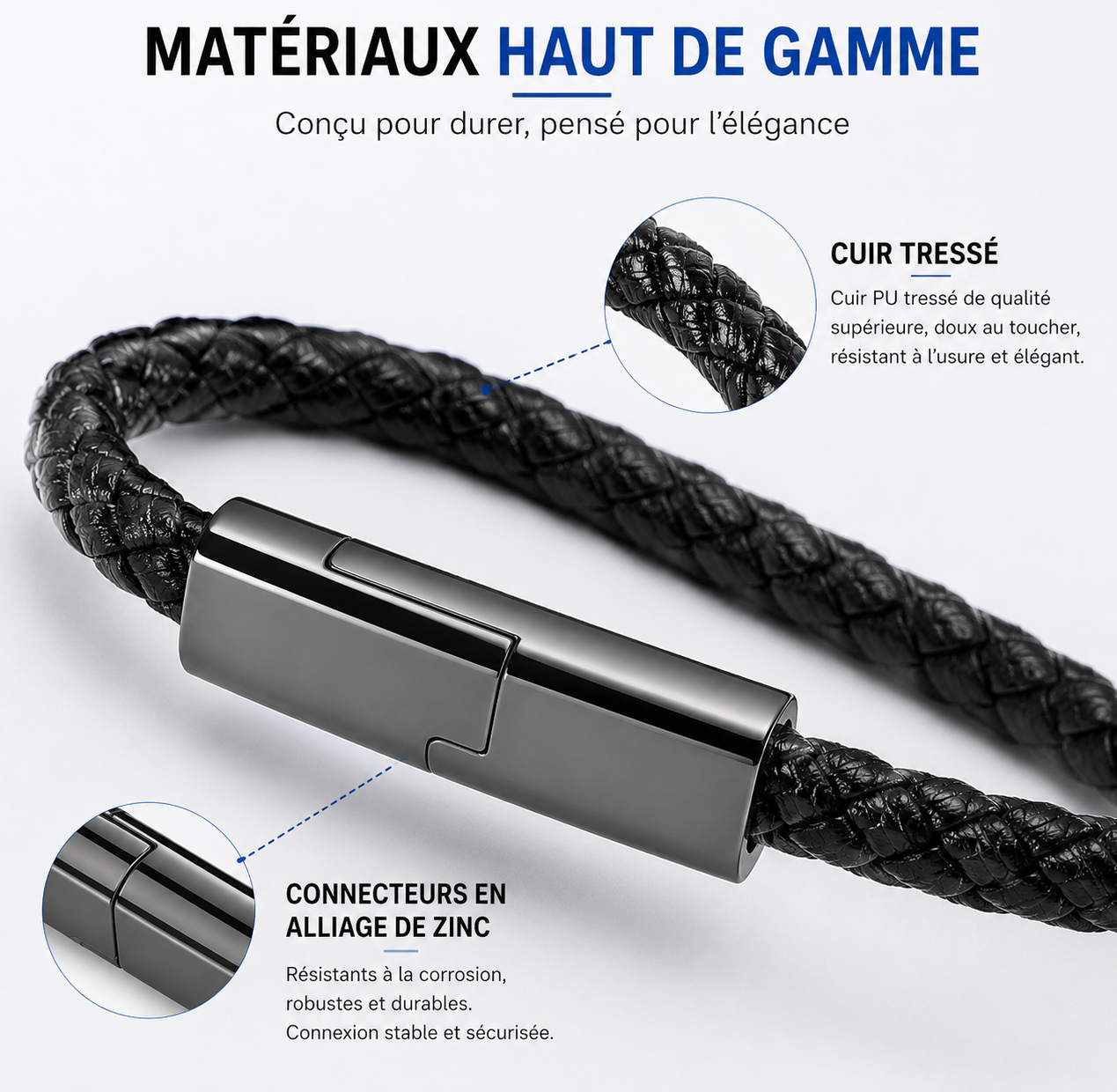 Bracelet Chargeur 3-en-1 – Compatible iPhone, USB-C et Micro-USB