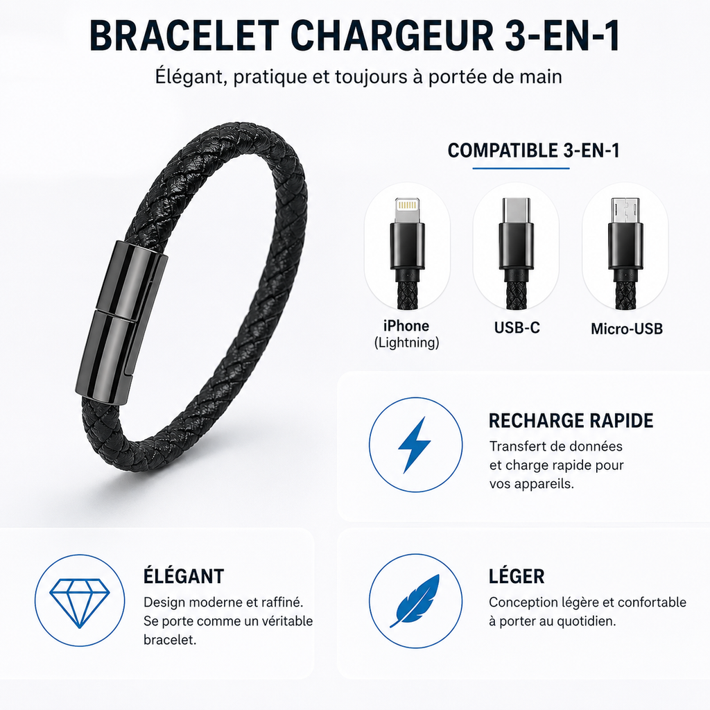 Bracelet Chargeur 3-en-1 – Compatible iPhone, USB-C et Micro-USB