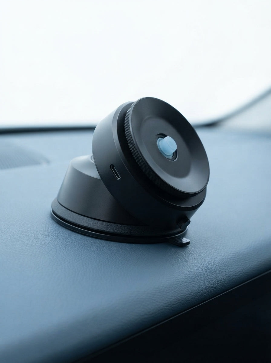 A premium magnetic smartphone mount with a suction base attached to a car dashboard, showcasing the USB-C charging port.